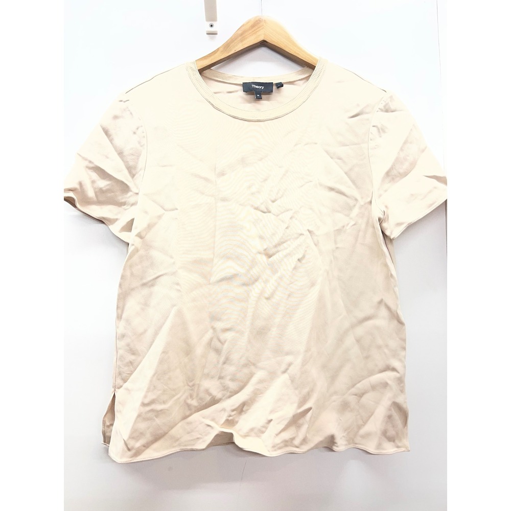 Theory Womens Beige Short Sleeve Side Slit Blouse Size Medium Business Casual